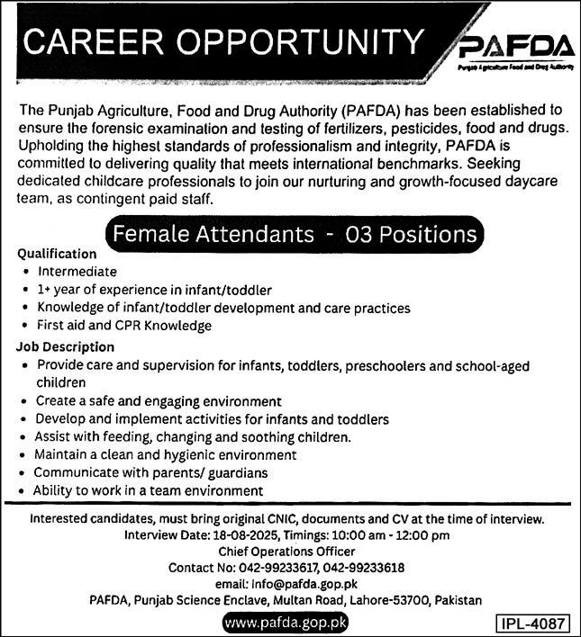 Jobs in The Punjab Agriculture Food & Drug Authority Lahore